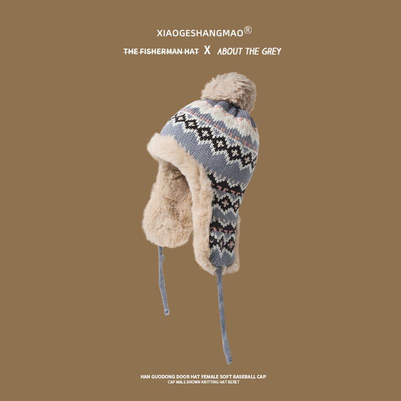 Winter Girls Sweet and Cute Plush Thickened Plush Ear Protectors Knitted Hat Warm Wool Hat Men