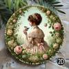 Victorian Tea Party D Flat High Definition Metal Wall Art Vintage Aristocratic Lady In Floral Dress Drinking Tea Pink Rose Wrea