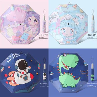 Children's Cartoon Auto-Open Folding Umbrella with Reflective Strip for Sun and Rain