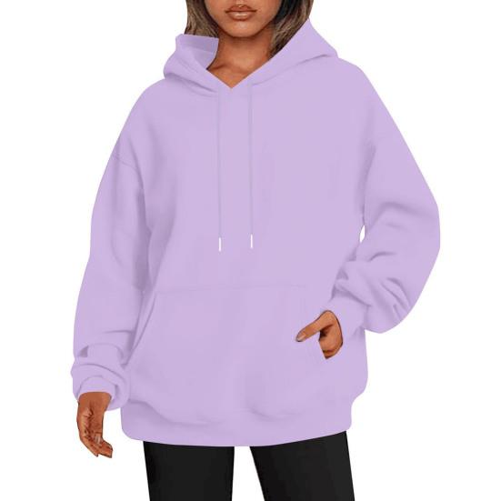 Women Fall Winter Hoodie Thick Hooded Long Sleeves with Big Pocket Plus Size Mid Length Solid Color Loose Elastic Cuffs Drawstring Sport Top