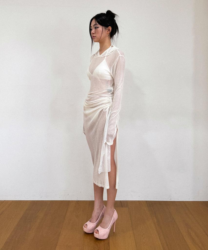 Binaj Lace Shirring Mix Hooded See-Through Dress (White)