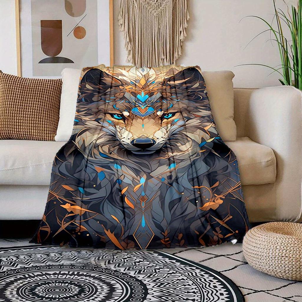 1pc Cozy Wolf Print Blanket Flannel Blanket For Sofa, Bed, Travel, Camping, Living Room, Office, Couch, Chair
