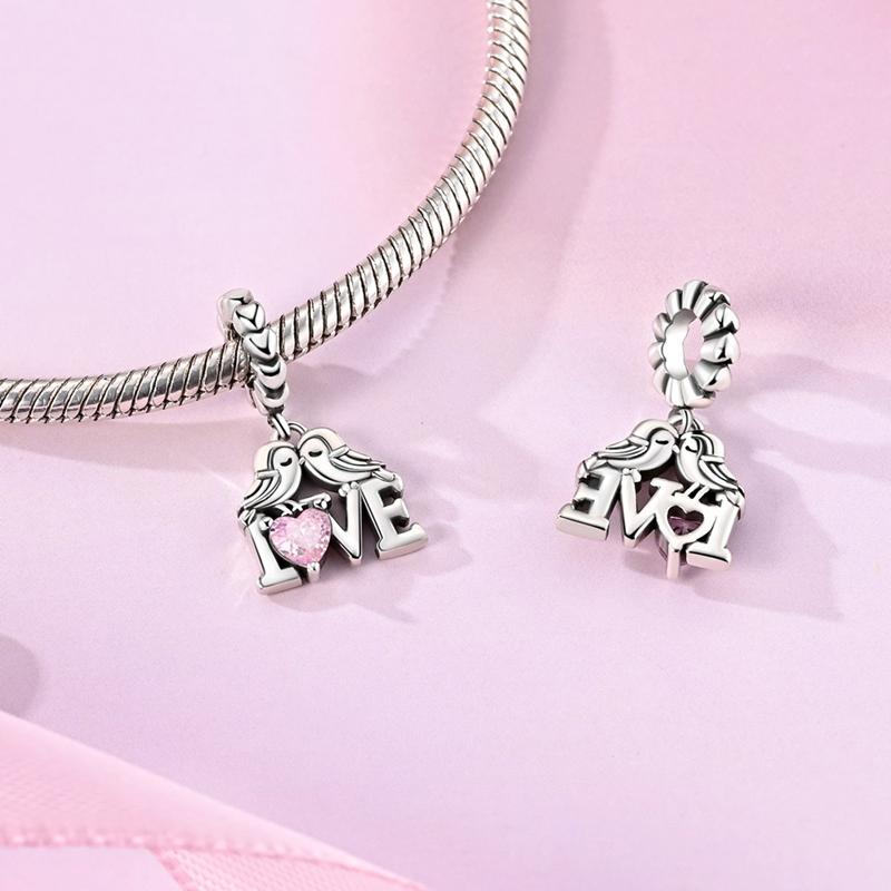 Copper Lovebirds Couple LOVE Pendant Love Theme Charm Compatible With Authentic Charm Bracelets Women Do It Yourself Jewellery Gift