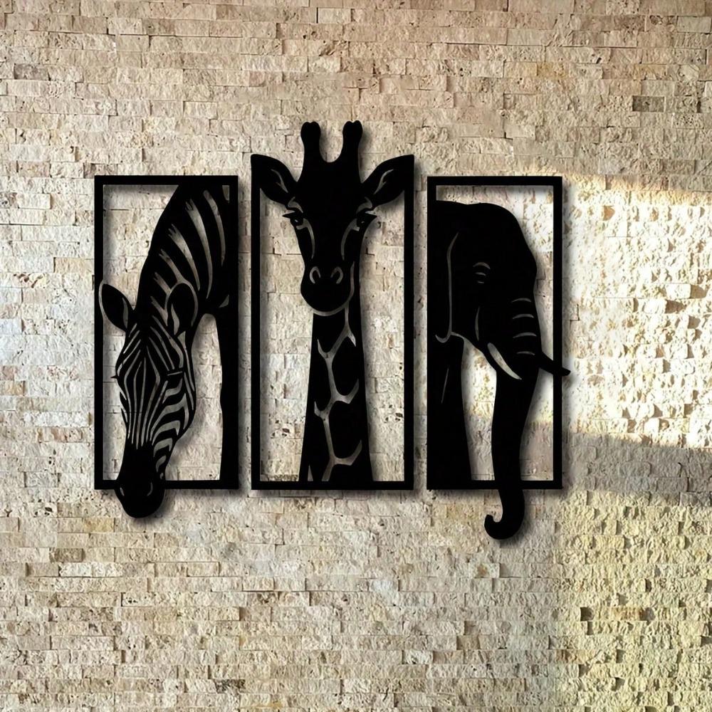 Metal Wall Art Set Elephant Giraffe Zebra 11.81 Inch Modern Animal Decor Indoor Outdoor Wedding Christmas Halloween Gift Room Home Decor