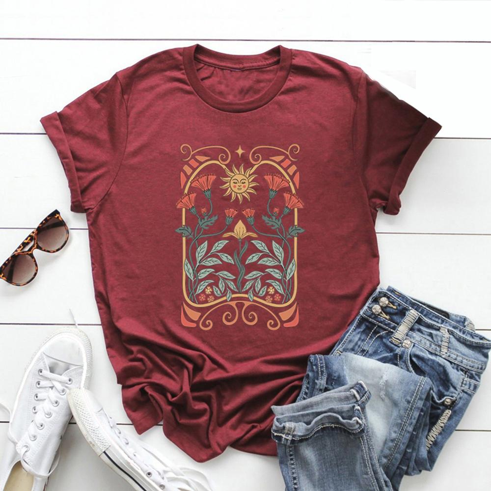 Boho Wildflowers Tshirt Boho Flowers T Shirt Women Short Sleeve Tshirts Vintage Casual Tops Floral Nature Tee Women Clothing