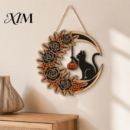 Indoor Outdoor Xmas Decoration Christmas 2D Wooden Welcome Hanging Sign, Cartoon Santa Snowman Tree Party Wall Art Door Hanger with Rope, Porch Front