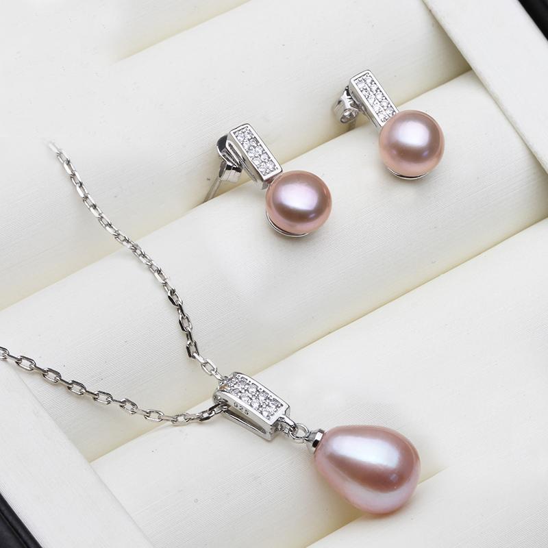 Real Natural Freshwater Pearl Necklace and Earrings Set Woman,Trendy 925 Silver Pearl Jewelry Set Mother's Day Gift White