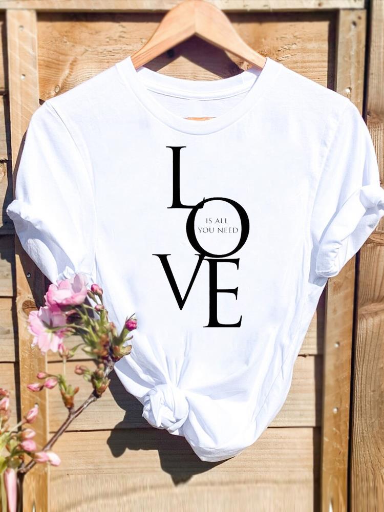 (Asian Size) Women's Love Letter Sweet Style Cute Top T Clothing Casual Fashion Print Female Casual Graphic Tee Short Sleeve T-shirts