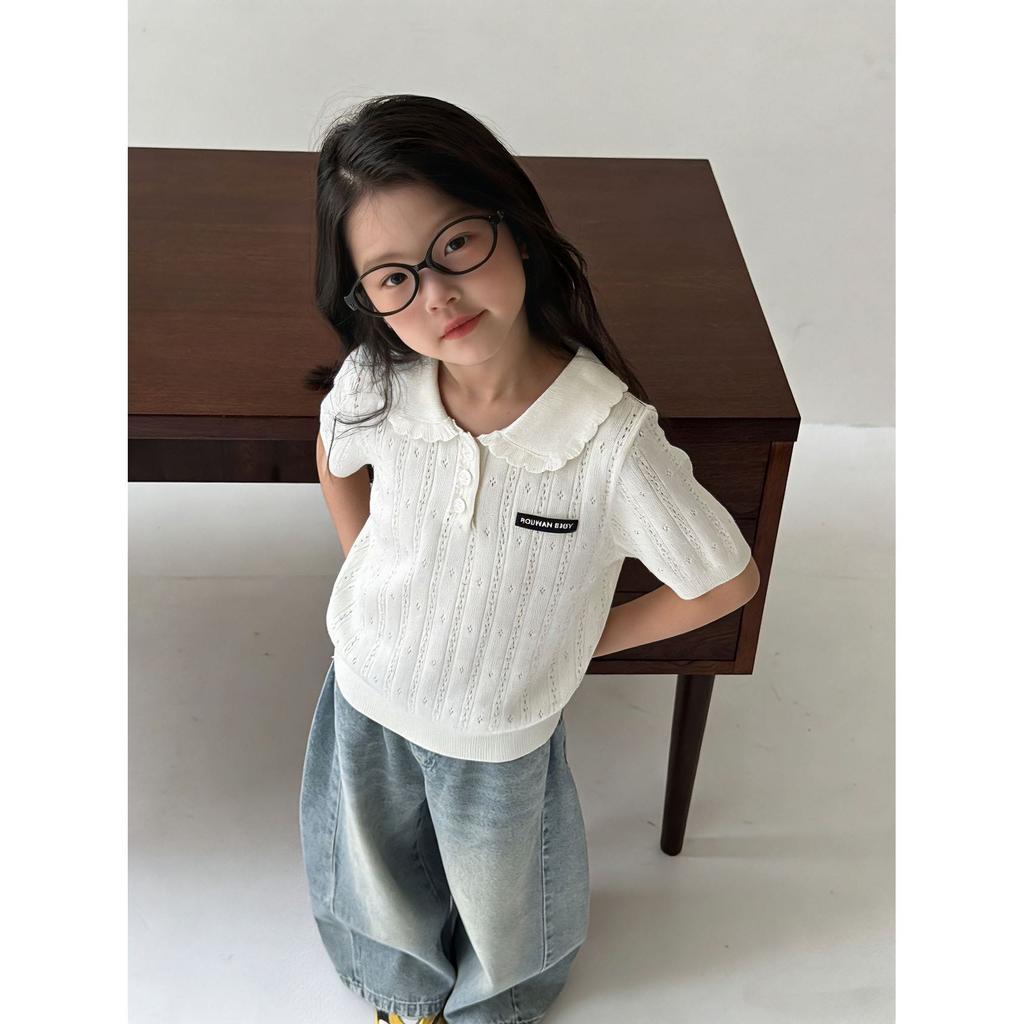 Flickors Sommar Hålstickad Pikétröja Kortärmad T-shirt Baby Snygg Vardagstopp