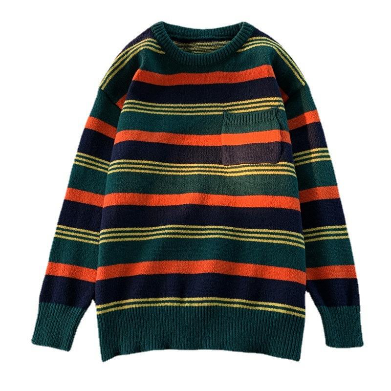 Striped contrasting woolen clothes for men in autumn and winter Hong Kong style loose round neck sweaters trendy ins retro casual sweaters