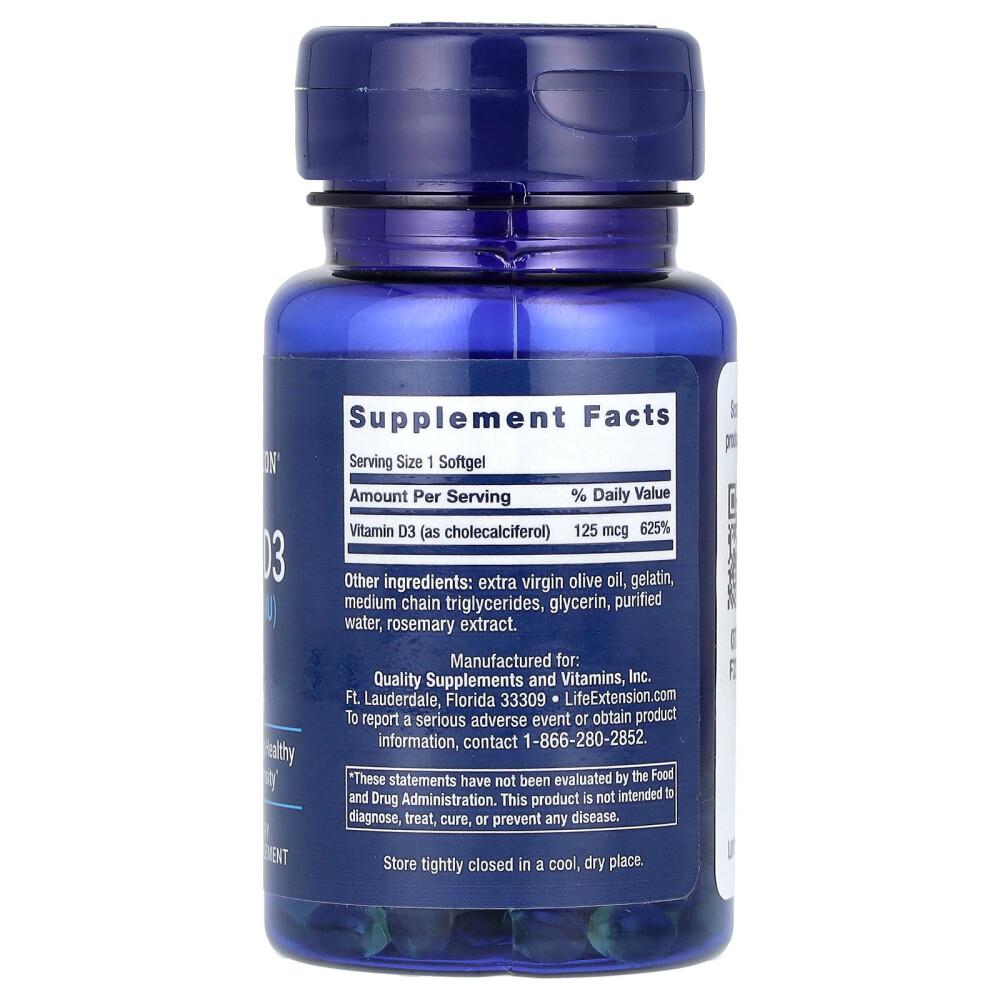 Life Extension Vitamin D3 125mcg (5000 IU) Softgels, 60 Count (3-Pack)