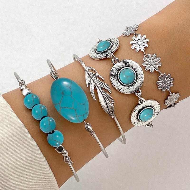Bohemian Turquoise Leaf Bracelet, Ethnic Bow Flower Turquoise Bracelet Set