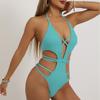 Women Cutout Swimsuit Crisscross Front Ribbed Strappy Tummy Adjustable Ties Swimwear