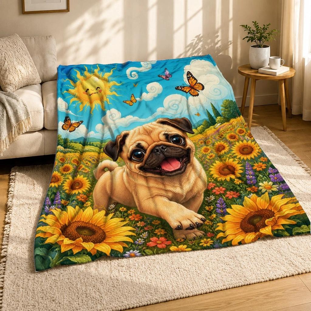 Sunflower Pug Cozy Throw Blanket Dog Lover Floral Decor