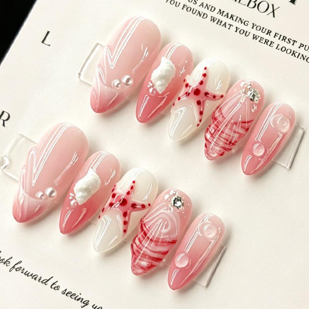 3D Almond Sweet Ocean Pink Starfish Pearl Rhinestone French Wearable Nails