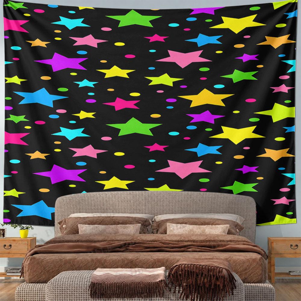 Colorful Stars On Black Background Pattern Wall Hanging Tapestry Decorative Tapestry Home Decor for Bedroom and Living Room