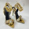 Sexy Ankle Strap Gold Sandals Women Party Nightclub Stripper Heels Stiletto Sandals Crystal Diamond Pointed Toe Wedding Shoes