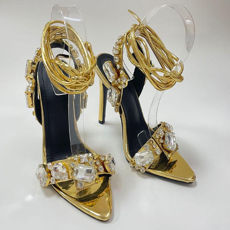 Sexy Ankle Strap Gold Sandals Women Party Nightclub Stripper Heels Stiletto Sandals Crystal Diamond Pointed Toe Wedding Shoes