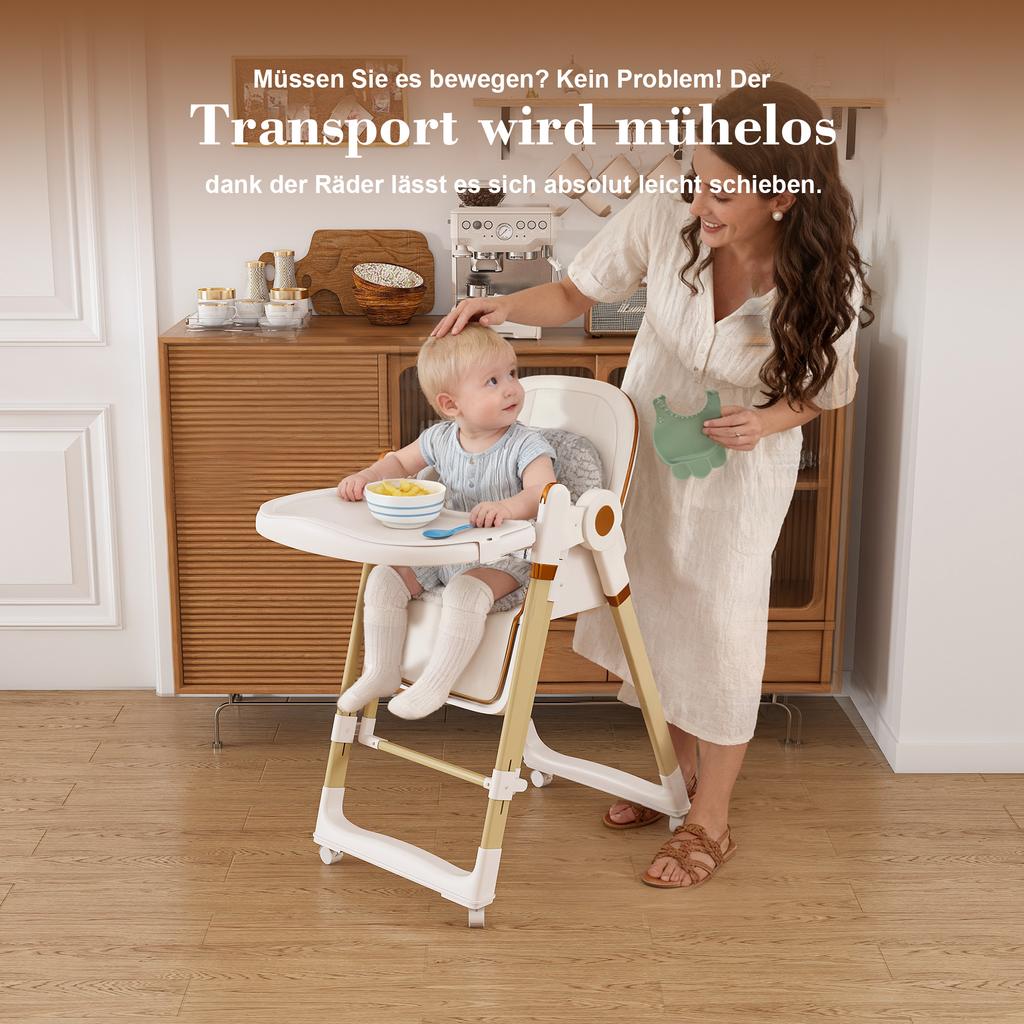 2-in-1 Baby High Chair with Rocking Function, 5-Point Safety Harness, Locking Wheels, Removable Tray, Foldable & Height-Adjustable, White