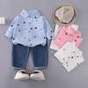 Boys' Cartoon Bear Long Sleeve Suit with Elastic Jeans - Comfortable & Skin-Friendly Two-Piece Set for Spring and Autumn