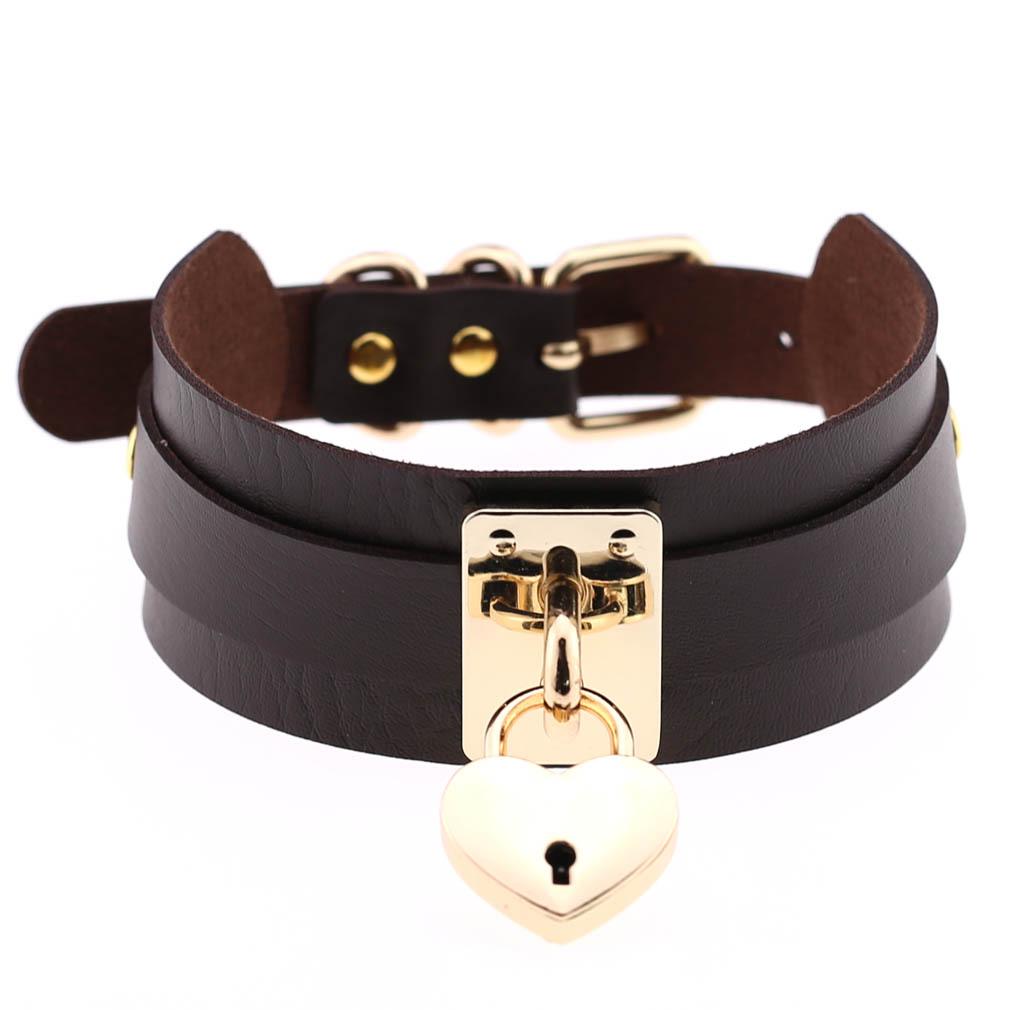 Exaggerated European-American Style PU Leather Double-Layer Heart Lock Necklace Collar