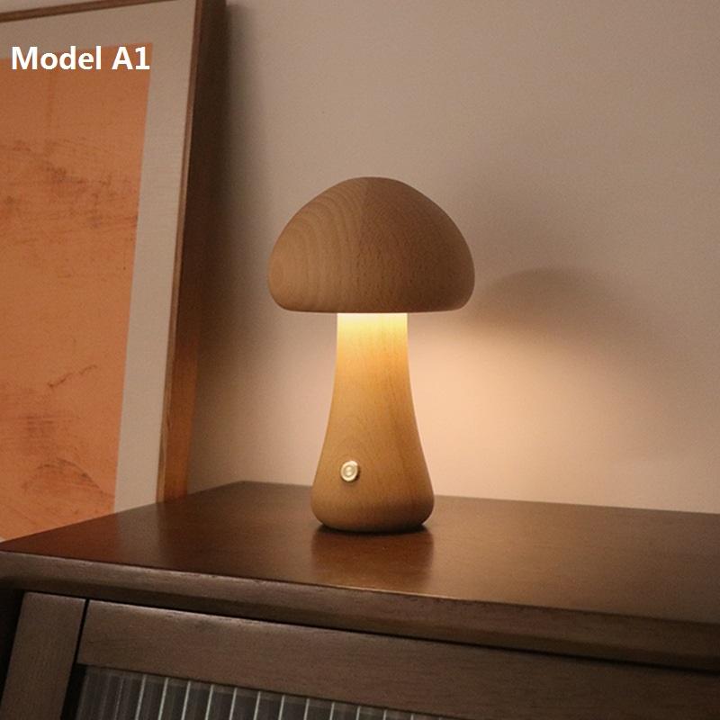 Mushroom Lamp for Bedroom, Dimmable Bedside Lamp with USB Charge Cordless Wooden Nightlight, Mushroom Night Light LED Table Lamp