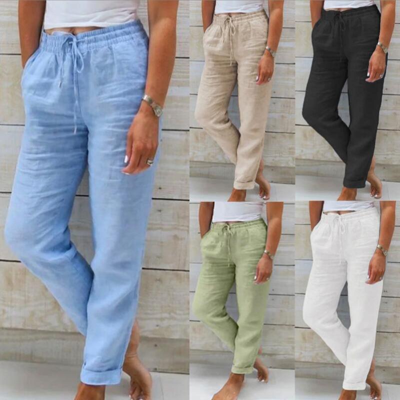 Cotton Linen Summer Pants for Women High Waist Elastic Casual Trousers Streetwear Solid Female Clothes Loose Pencil Pants
