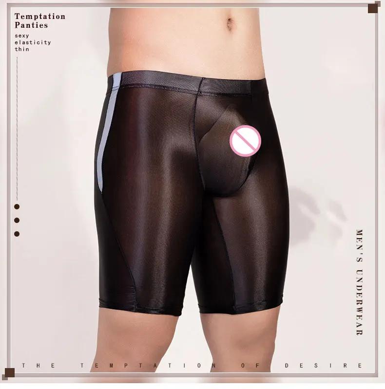 Sexy Oil Shiny Smooth Shorts For Men Bulge Pouch Shapewear High Elastic Sheer Transparent Boxer Gym Man Clothing Leggings Slim