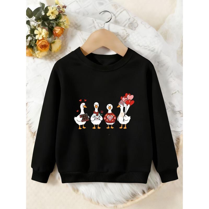 Unisex Kids Crewneck Sweatshirt, Cute Cartoon Love Duck Heart Balloon Print Long Sleeve Pullover, Boys Girls Sweatshirt For Kids Over 4 Years Old