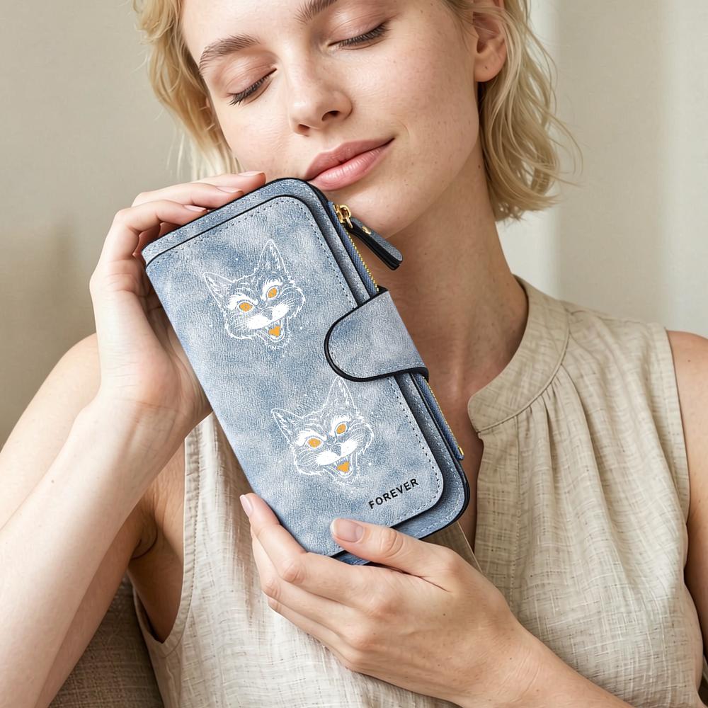 Gothic Cat Pattern Long Wallet for Women PU Leather Multi Card Slots Zipper Pocket Portable Forever Purse for Daily Use