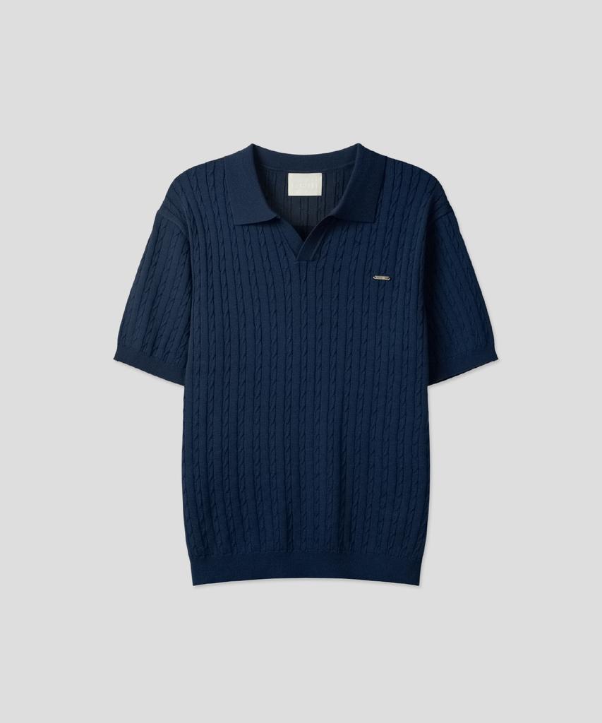 Ssei Essential Cable Open Collar Short Sleeve Knit Navy