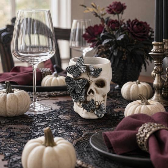 Gothic Butterfly Skull Pen Holder, Spooky Resin Skull Makeup Brush Holder, Multifunctional Halloween Tea Light Candle Holder for Desk, Shelf Decor