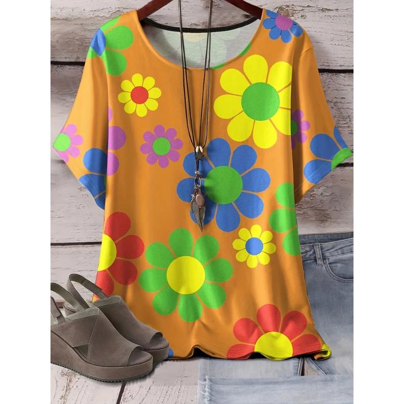 Fashion Women's Crew Neck Short Sleeve 3D Flower Color Printing Flower Short Sleeve Crew Neck T-Shirt