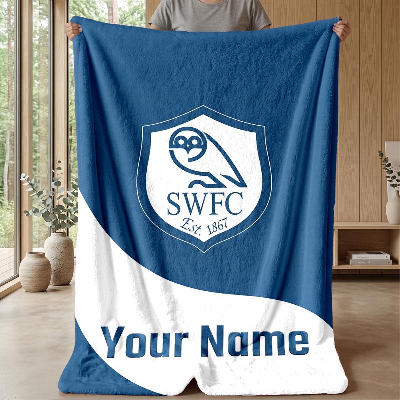 Sheffield Wednesday FC Custom Name Text Flannel Blanket Soccer Logo Personalized Fleece Throw Blanket Special Gift For Sofa Bedroom Home