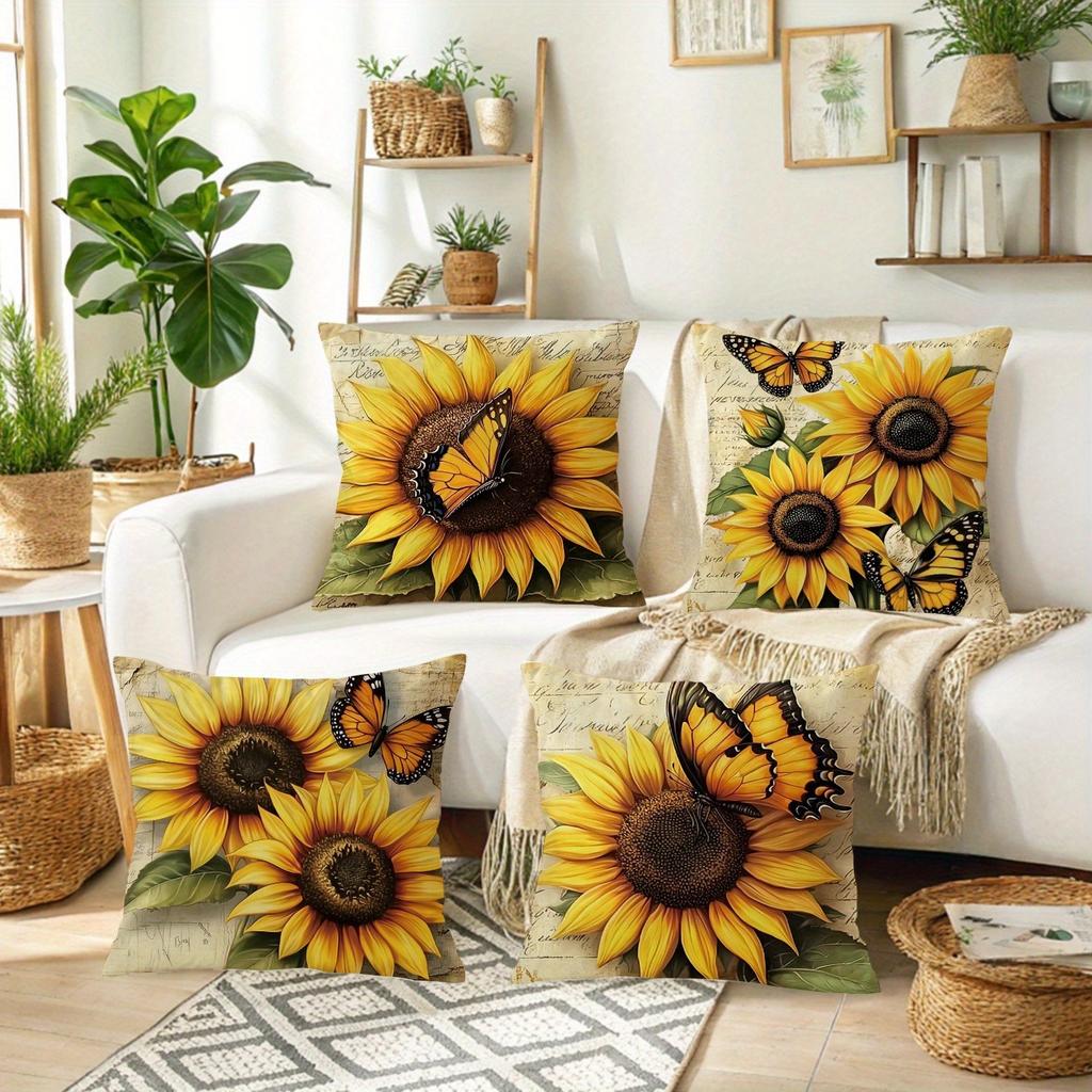 Kurzes Plüschmaterial Kissenbezug Vintage - Stil Sonnenblume - Schmetterling Kissenbezüge Wohnzimmer Sofakissenbezug, Weich Und Bequem