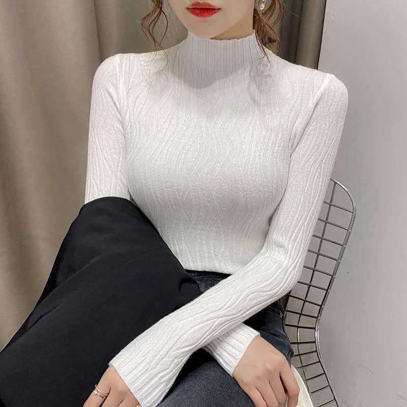 Halvhög Krage Halvhög Krage Veckad Design Smal Tunn Undertröja Dam Enfärgad Stretch Pullover Helt Maskindragen Tröja Kort Topp Vår
