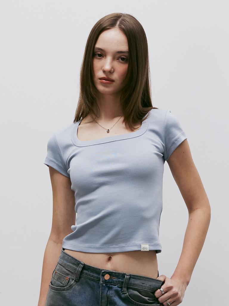 KITTY POTTERY Classic Soft Deep Square Neck T-Shirt (Blue)