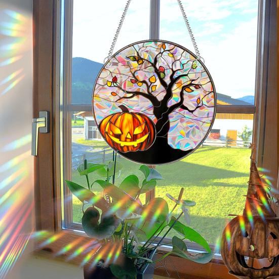 Halloween Suncatcher Hanging Decoration Ghost Pumpkin Witch Black Cat Castle Crow Skull Stained Glass 2D Flat Acrylic Wall Window Hanging Sign