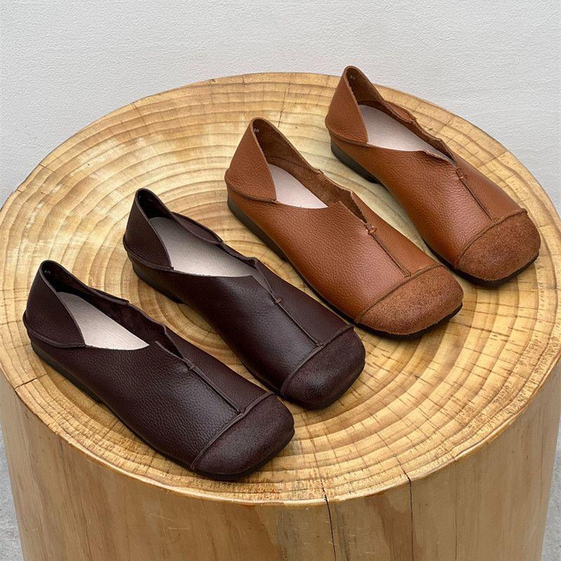 Mode Braun Leder Reine Handgefertigte Schuhe Die Retro Kunst Mori Mädchen Schuhe Damen Freizeit Ballerinas Schuhe Zwei Tragevarianten