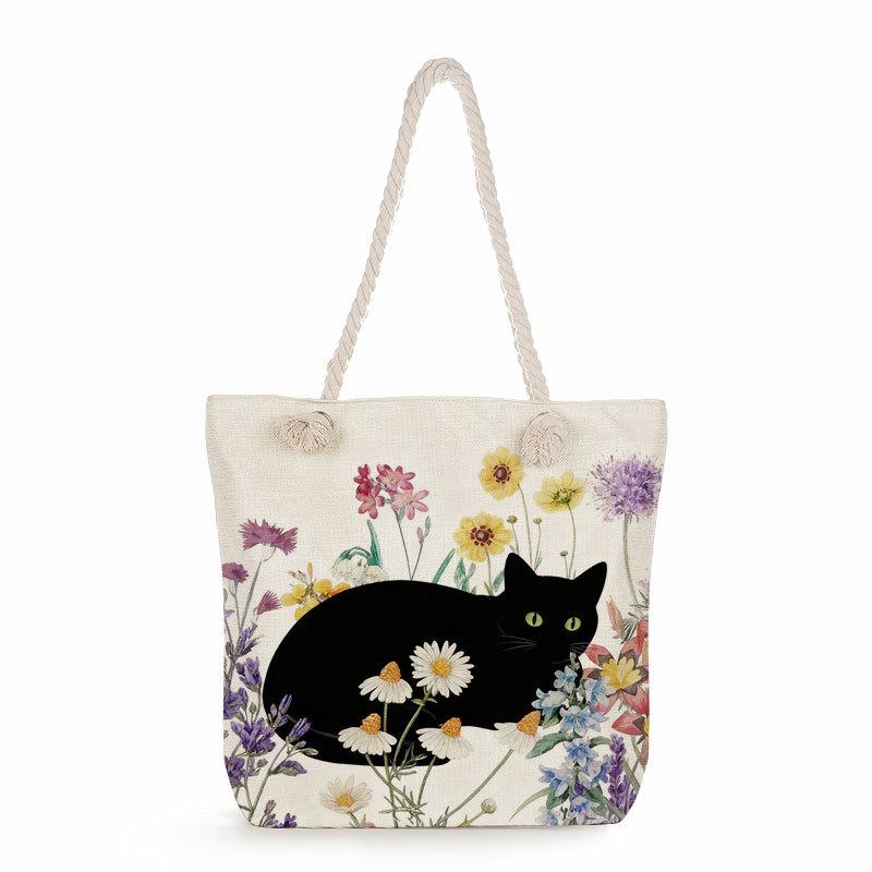 Multifunctional Black Cat  Printed Thick Rope Shoulder Beach Bag 7579 KTB
