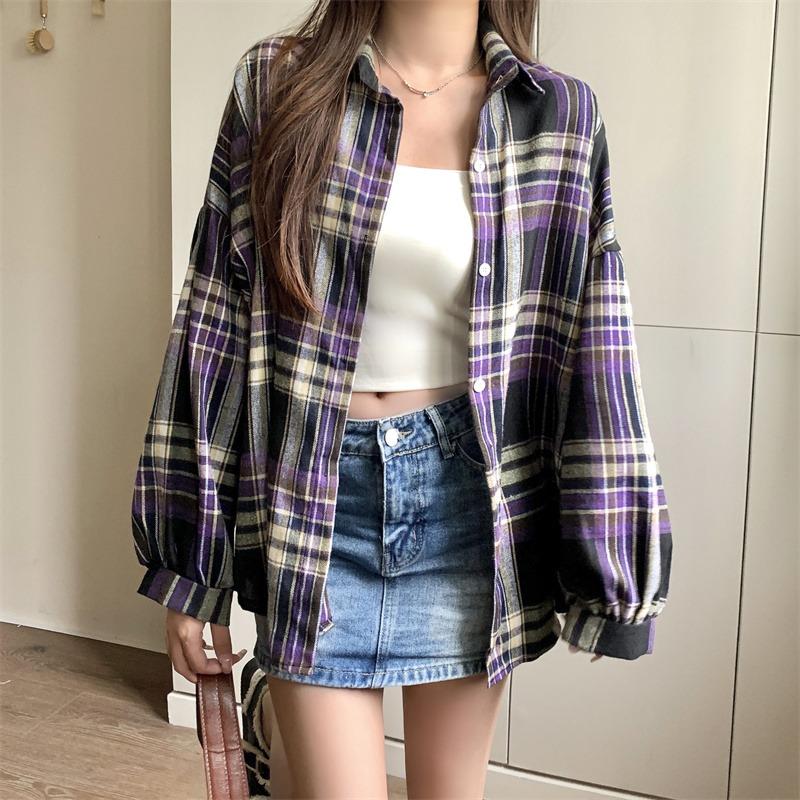 Ruuduline Särk Naistele Sügis Pikk Varrukas Top Naiselik Vintage Mood Ühe Nööbiga Bluus Daamide Preppy Stiil Lõtv Ruudulised Särgid