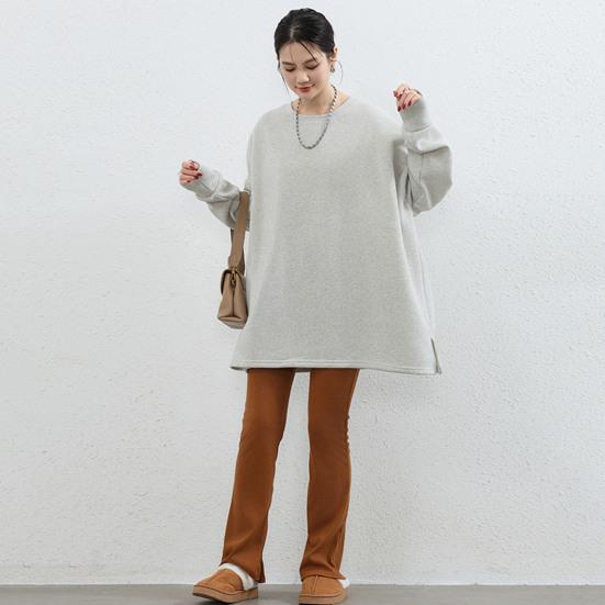 Frauen Herbst Winter Sweatshirt Rundhals Lose Schlitz Saum Plüsch-gefüttert Elastische Bündchen