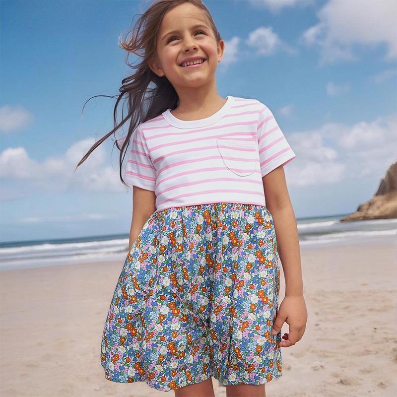 Summer New Arrival Girls' Dress Striped Floral Print Children's Knitted Cotton Short-Sleeved Princess Dress