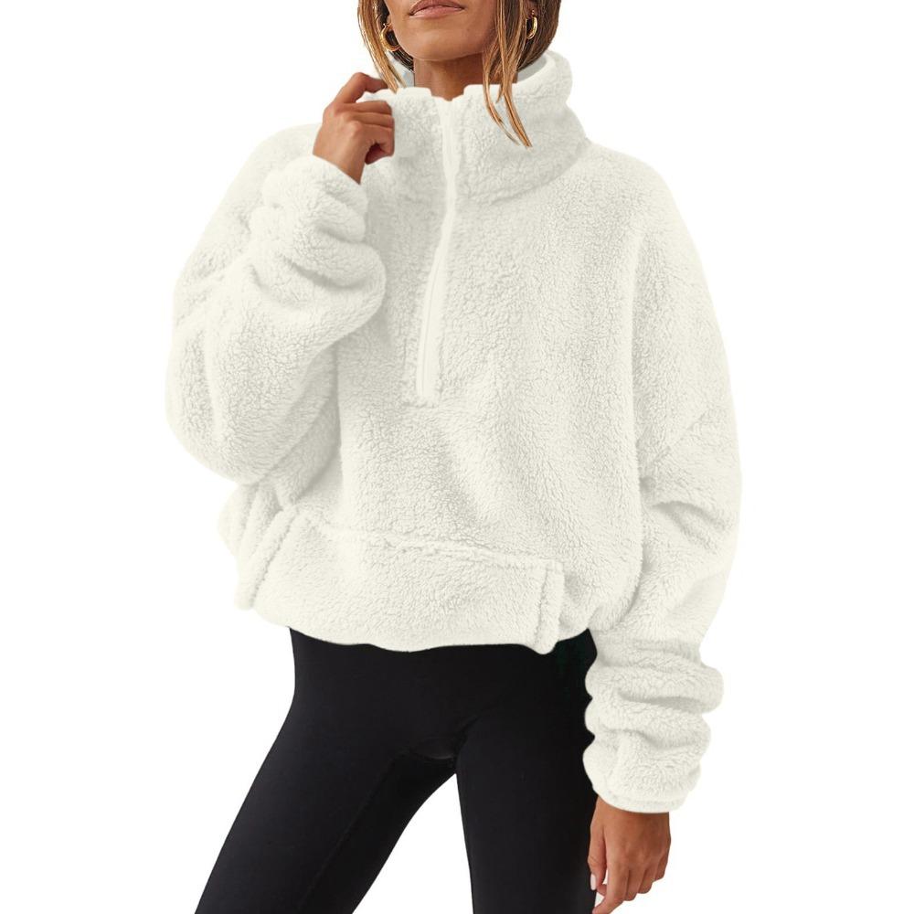 Winter and Autumn Plush Fleece Women's Half-zip Stand-up Collar Pullover