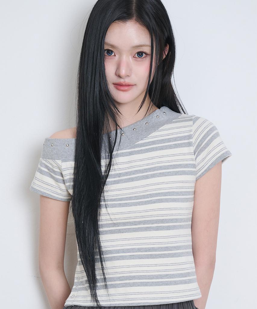 ILLIGO One-Shoulder Studded Stripe Top Grey Ivory