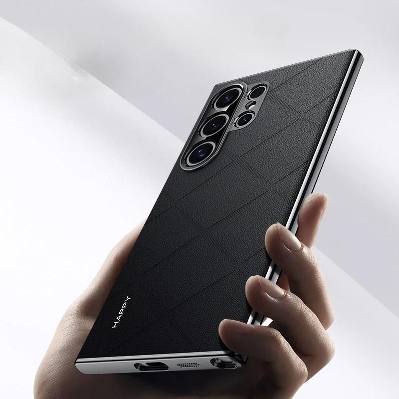 Luxury Leather Phone Case for Samsung S25 Ultra Plating Camera Lens Ptotection Hard Back Cover Bumper for Galaxy S25 Plus