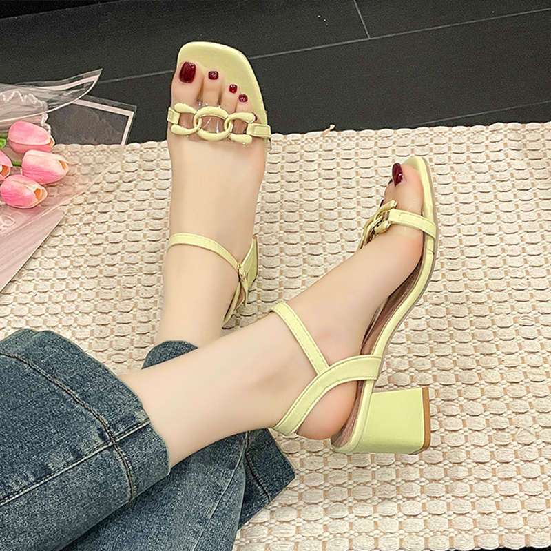 With Skirt One-word Buckle Sandals Fairy Style Roman Shoes Thick Heel Niche High Heels Children 2025 Summer New