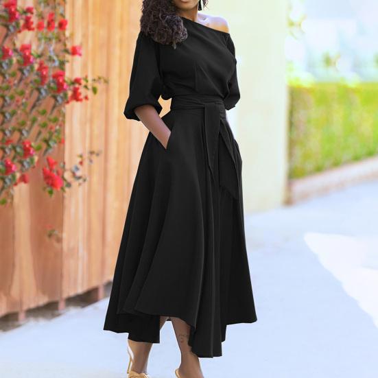 Dress Oblique Shoulder Comfortable Lace-up Solid Color Tie Waist Belt Dress for Work