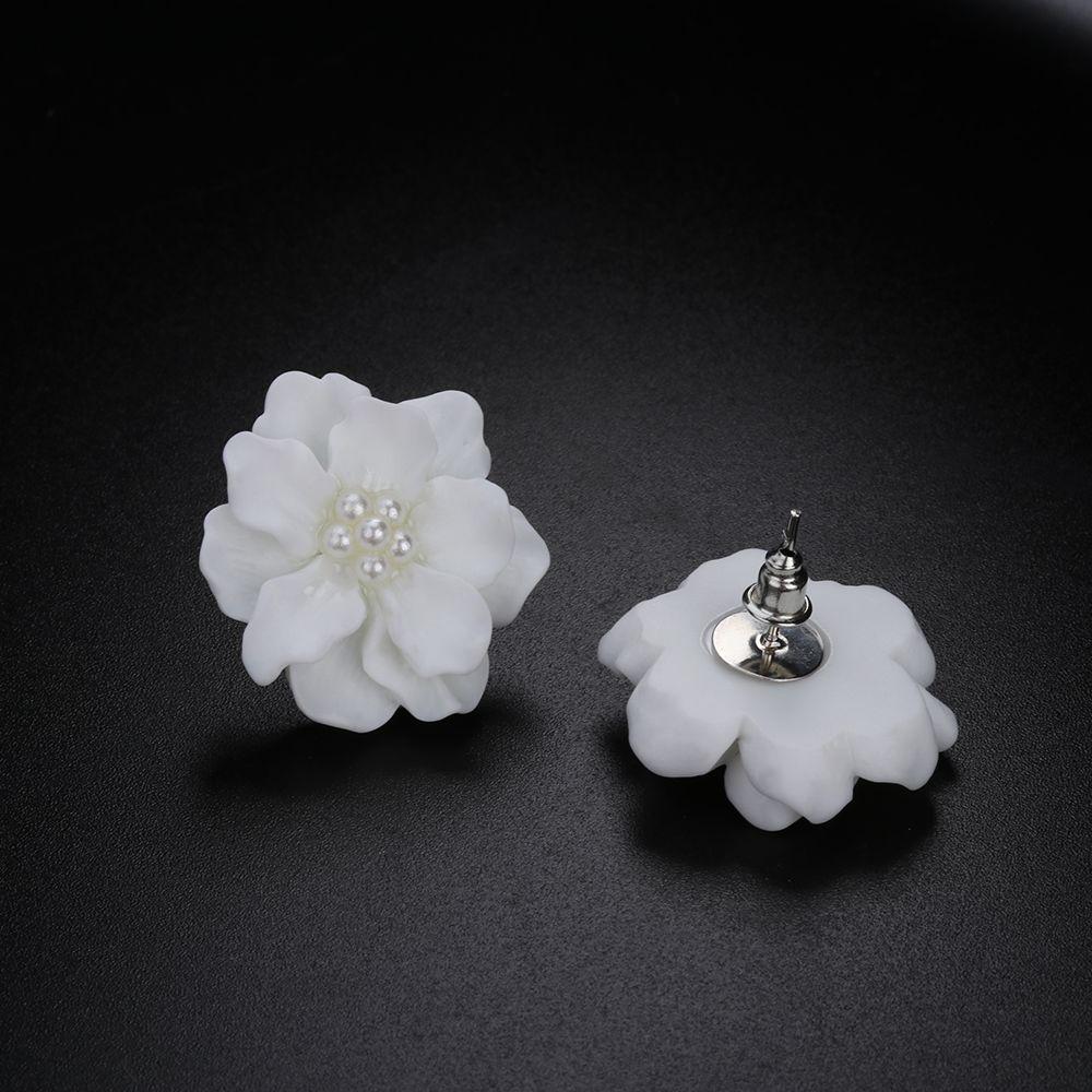 Elegant Inlay Beads Jewelry Big White Flower Camellia Simulated Pearl Stud Earrings