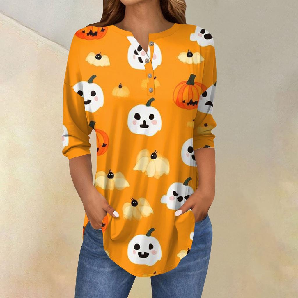 Modă Femei Larg Guler cu Nasturi Imprimeu Halloween Mânecă Lungă Tricou Top Pulover